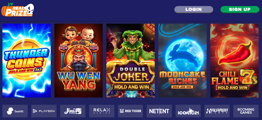 RealPrize Casino homepage as seen by a new player about to register.